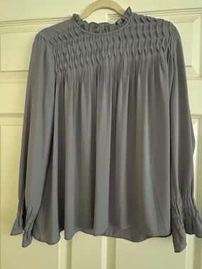 Ann Taylor Grey Smocked Yoke Long Sleeve Blouse